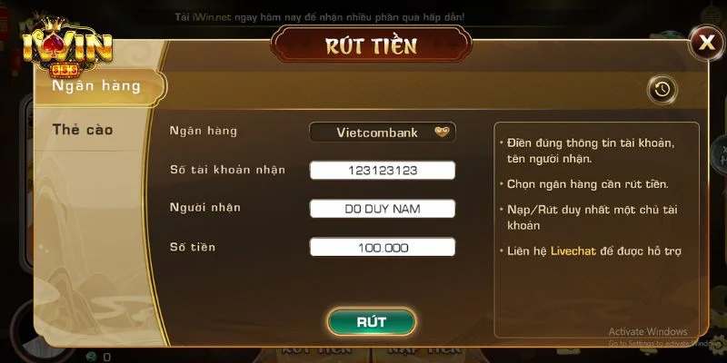 Thao tác rút thưởng tại nhà cái IWIN được thực hiện nhanh gọn.